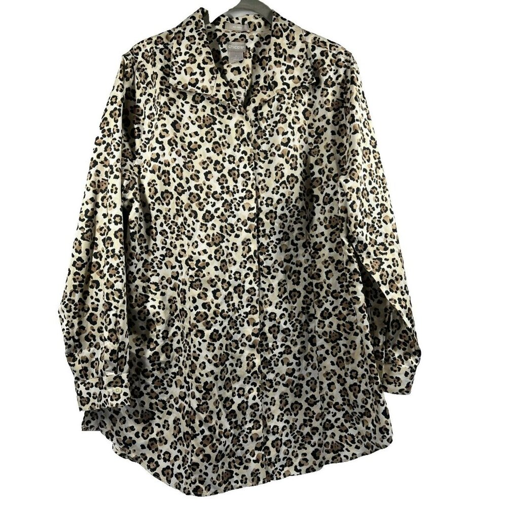 Chicos Blouse Size Large Animal Leopard Tunic Long Sleeve Button Up Non Iron Top